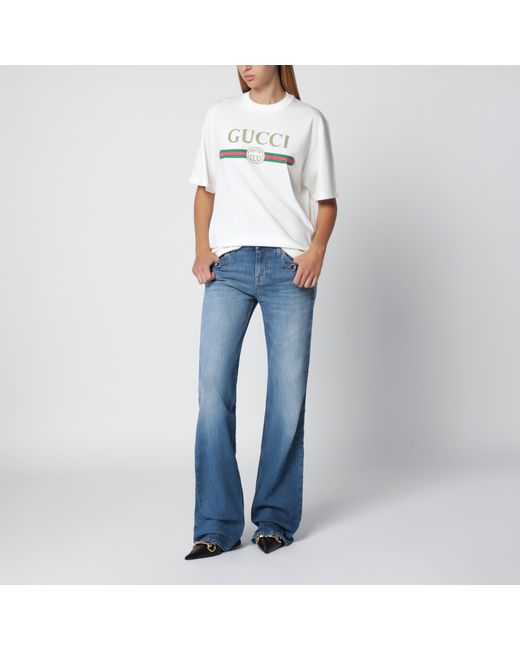 Gucci White Cotton And Silk Jersey T-Shirt With Logo Print