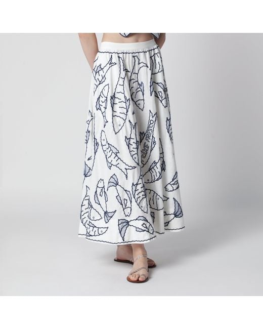 Farm Rio Blue Midi Skirt With Marine Embroidery