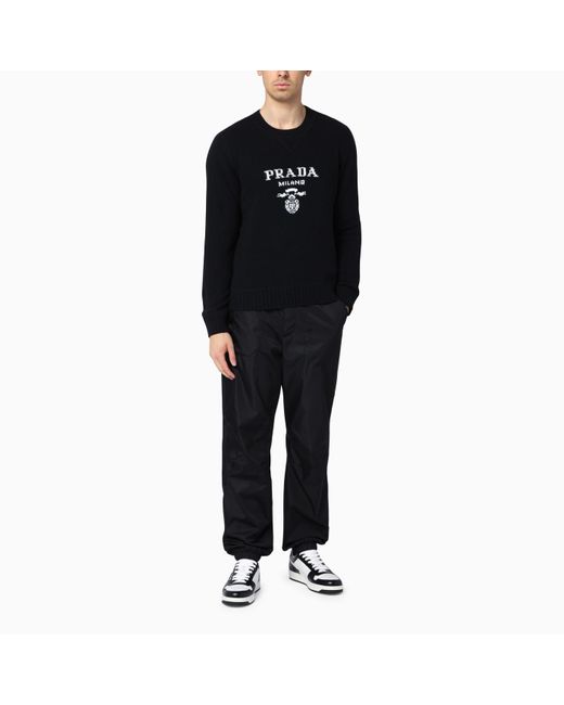 Prada Black Wool And Cashmere Sweater With Logo Inlay for men