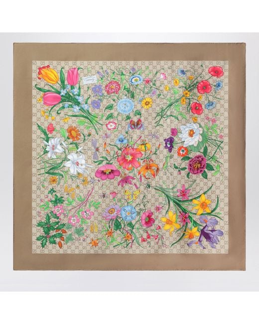 Gucci Green Silk Twill Carre With Gg Flora Print