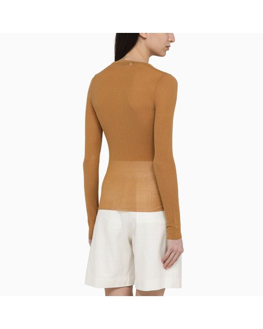 Max Mara Brown Leather-coloured Ribbed Silk Jersey