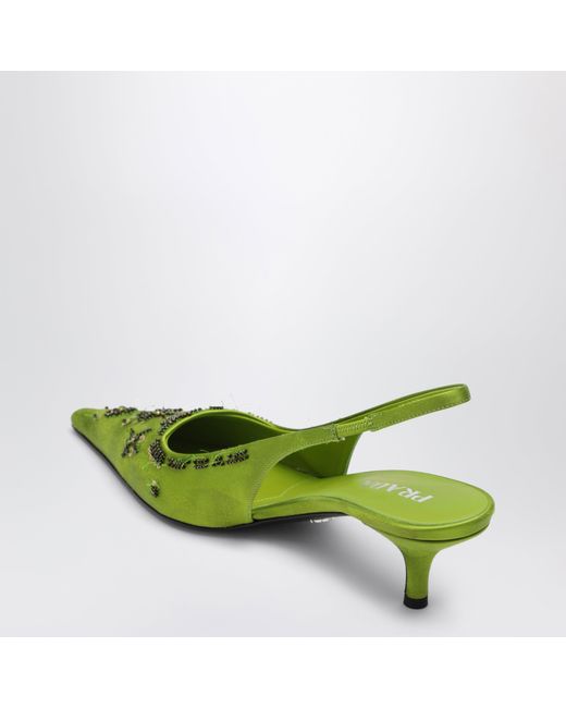 Prada Green Fern Sequin Satin Slingback Pumps