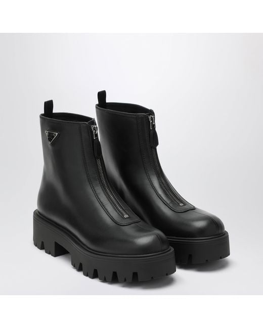 Prada Black Leather Zip-Up Ankle Boots