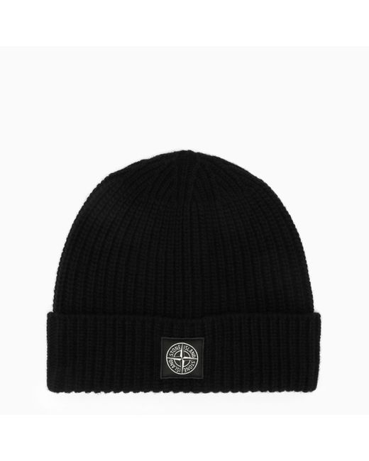 Stone Island Black Ribbed Knit Hat for men