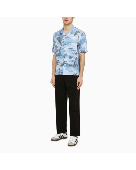 Palm Angels Blue Bowling Shirt With Sunset Print for men