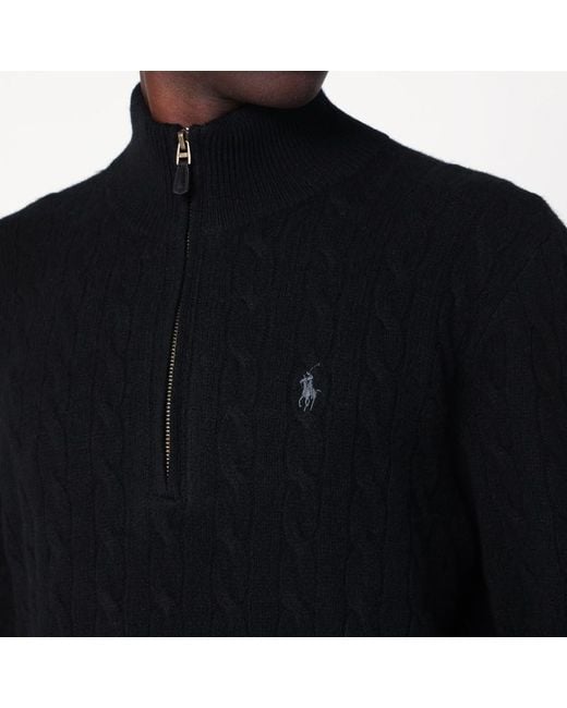 Maglione con zip nero in cotone a trecce regular-fit di Polo Ralph Lauren in Black da Uomo