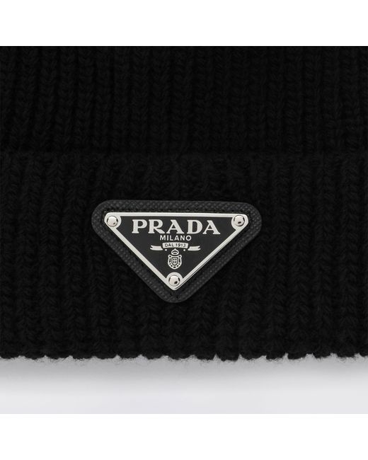 Prada Black Wool Hat With Triangle Logo for men