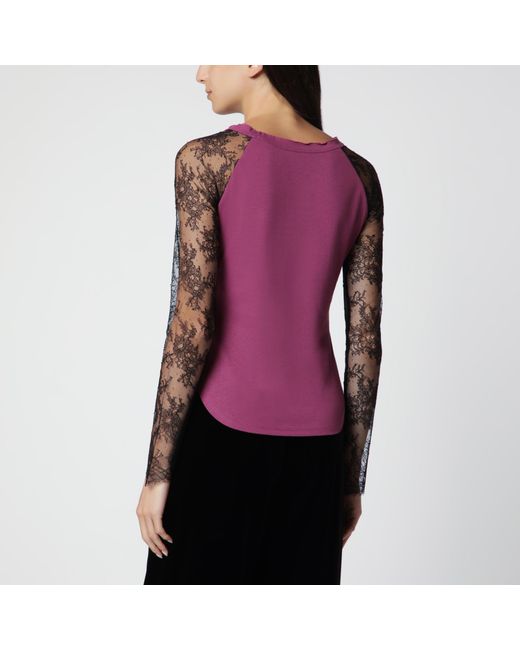 Valentino Purple Cyclamen Panther 60 T-Shirt With Lace Sleeves
