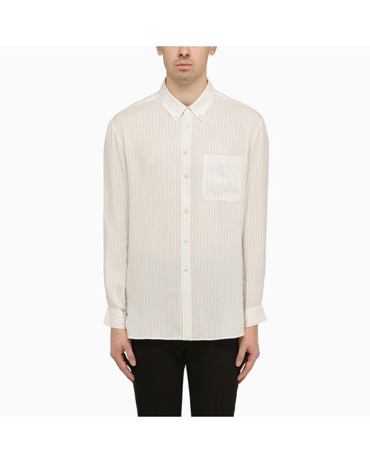 Saint Laurent White Cassandre Striped Silk Shirt for men
