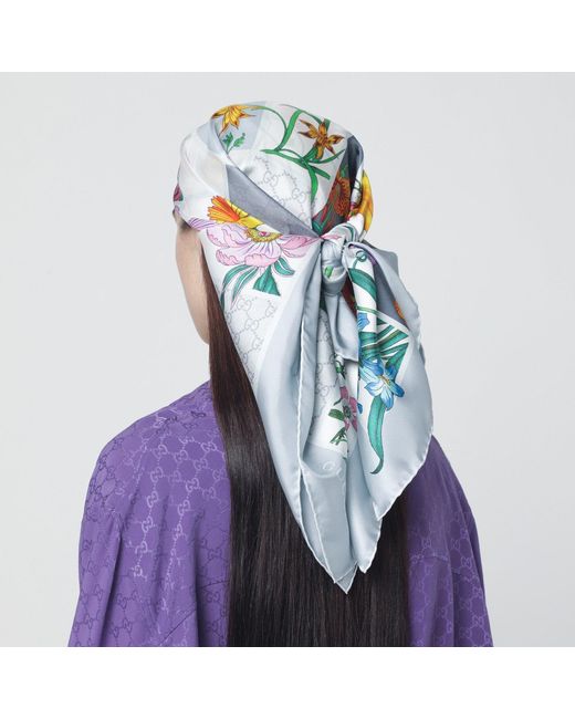 Gucci Blue Silk Twill Scarf With Flora Print