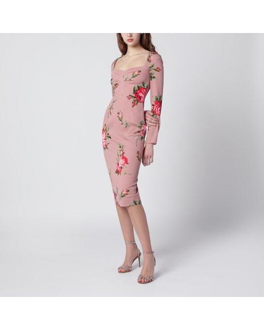Dolce & Gabbana Red Bouquet Rose Print Sheath Dress