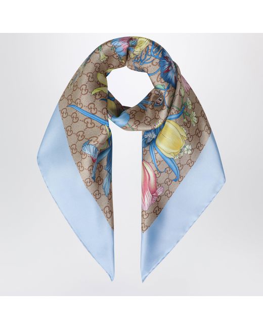 Gucci Blue Silk Twill Carre With Gg Print