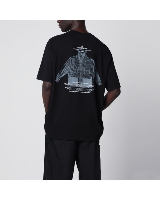 Stone Island Black Cotton T-Shirt With Logo Prints for men