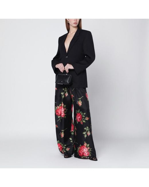 Dolce & Gabbana Red Wide Twill Trousers With Rose Bouquet Print