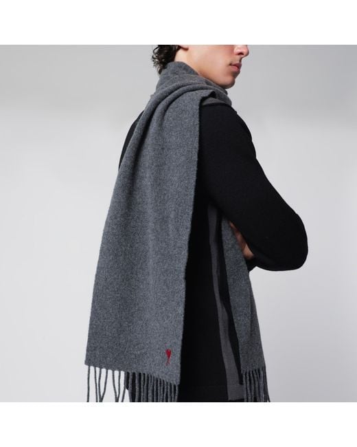 AMI Gray Ami De Caur Wool Scarf for men