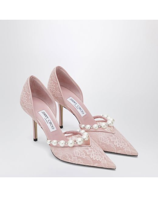 Jimmy Choo Pink Lace Decollete With Pearl Decoration