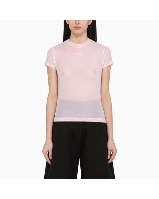 Alaïa Pink Semi-transparent T-shirt With Logo
