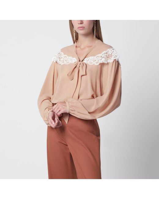 Chloé Brown Biscuit Silk And Lace Shirt