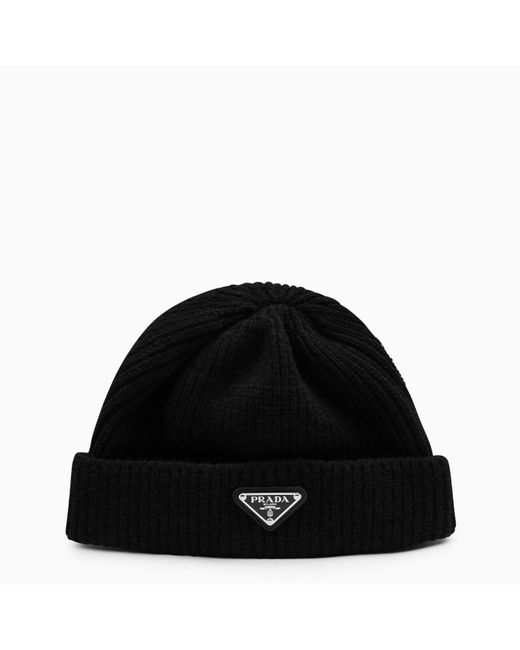Prada Black Wool And Cashmere Cap With Logo for men