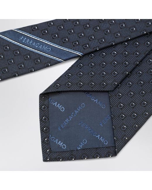 Ferragamo Blue Dark Gancini Silk Jacquard Tie for men