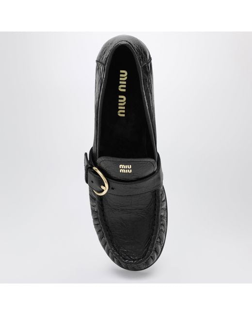 Miu Miu Black Leather Loafers With Crinkled Vintage-Effect Finish