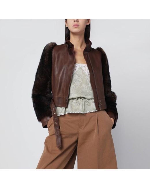 Chloé Brown Braune Kurze Leder- Und Shearling-Jacke
