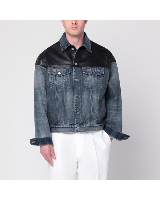 Giacca in denim e pelle nera di Prada in Blue da Uomo
