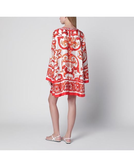 Dolce & Gabbana Red Maiolica-Print Silk Twill Kaftan Dress, Multicolour