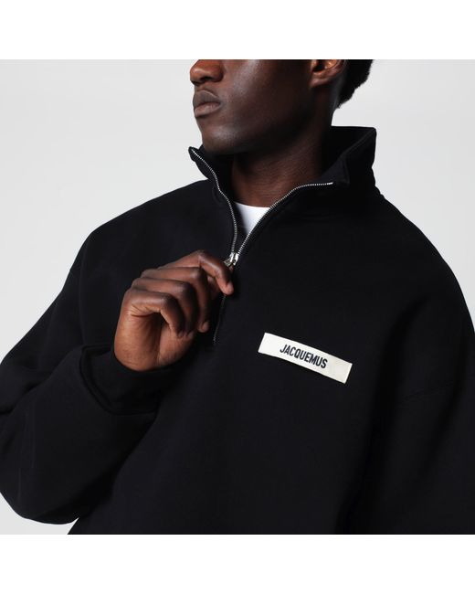 Jacquemus Black Zip-Neck Sweatshirt With Gros Grain Logo for men