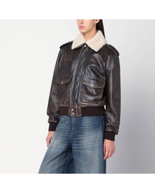 Halfboy Black Leather Bomber Jacket With Shearling Collar
