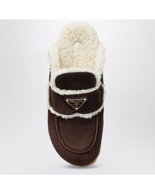 Prada Brown Suede And Shearling Clogs