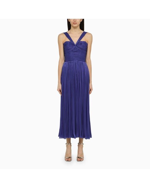 Costarellos Blue Twist-front Pleated Metallic Crepon Gown