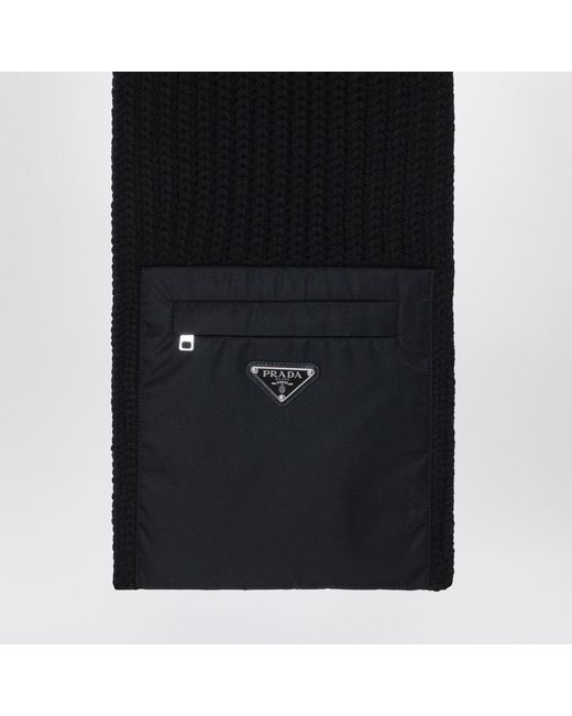 Prada Black Wool Scarf With Re-Nylon Pocket for men