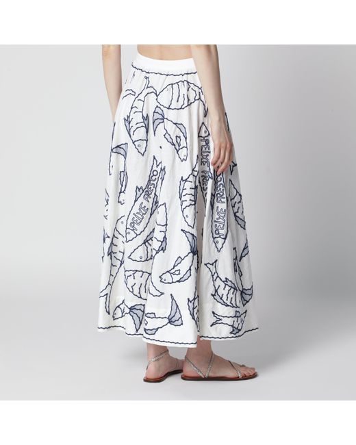 Farm Rio Blue Midi Skirt With Marine Embroidery