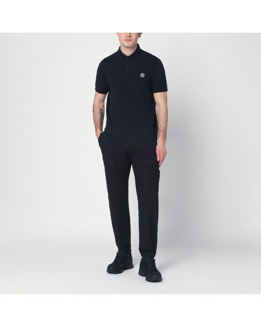 Stone Island Black Navy Cotton Polo Shirt With Logo Patch for men