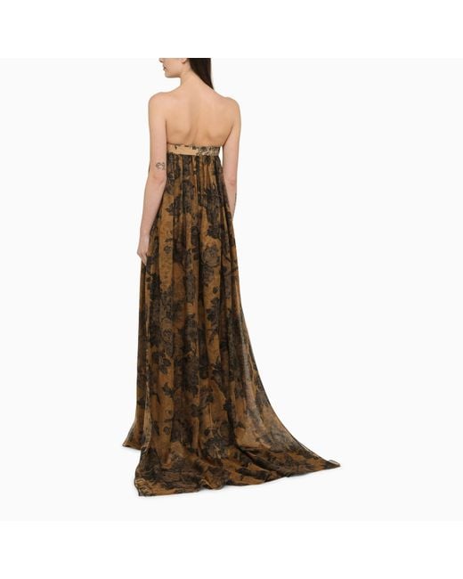 Max Mara Brown Long Sleeveless Dress With Bronze Print