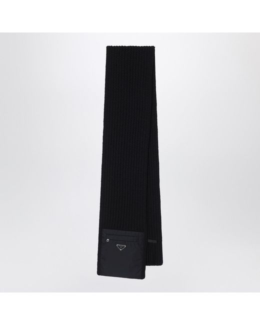 Prada Black Wool Scarf With Re-Nylon Pocket for men