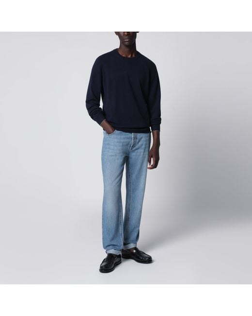 Brunello Cucinelli Blue Cashmere Crewneck Sweater With Contrast Trim for men