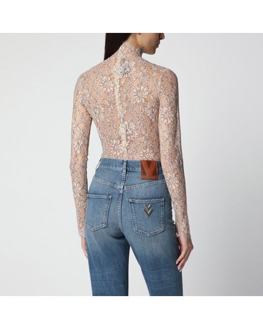 Valentino Blue Nude Rebrodé Lace Bodysuit