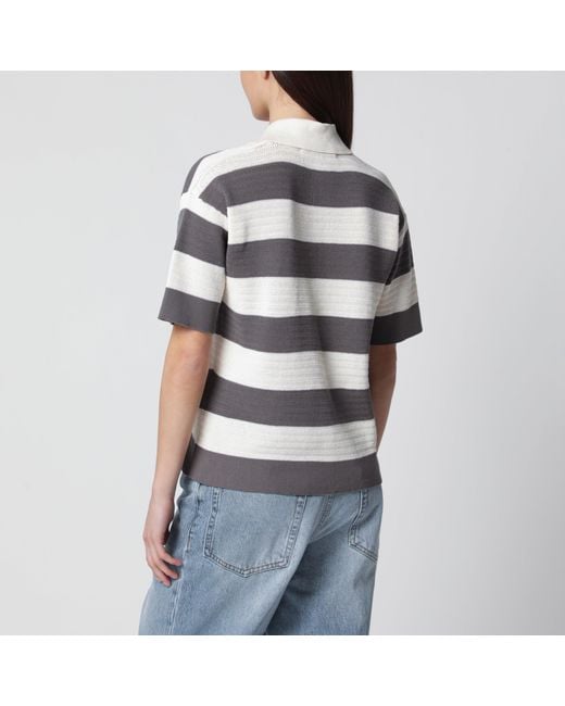 AMI Gray Ami De Coeur Striped Cotton Knit Polo Shirt
