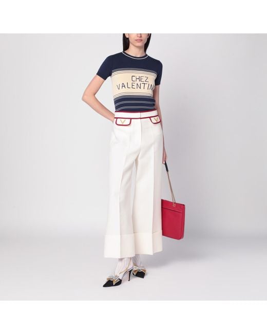 Valentino Blue Ribbed Top With Chez Embroidery