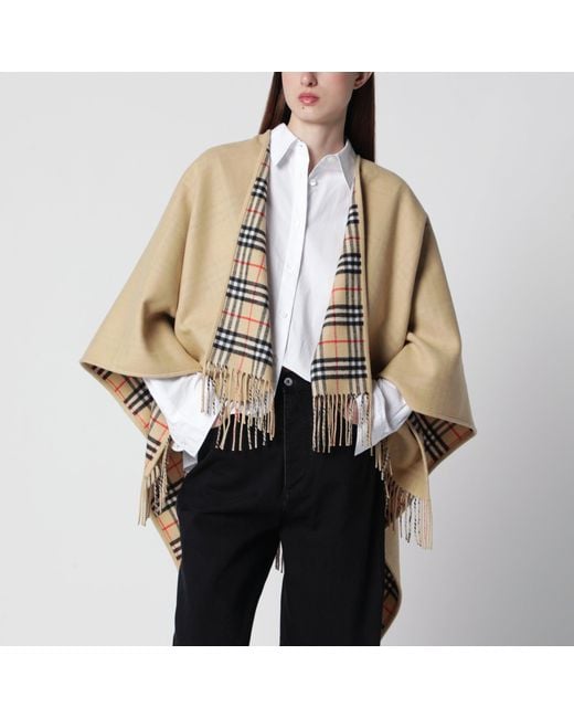 Burberry Natural Reversible Wool Check Cape With Fringes