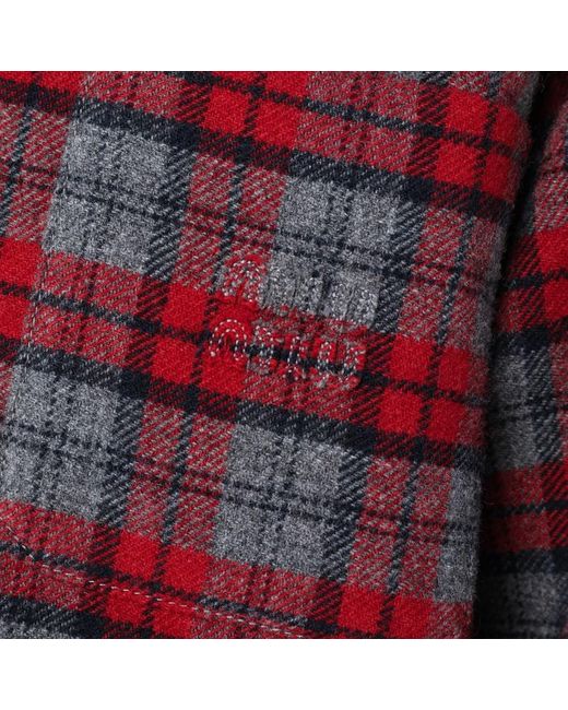 Miu Miu Red Shirt-Style Down Jacket With Slate/ Check Pattern