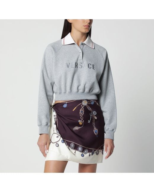 Versace Gray Cropped Cotton Polo Sweatshirt