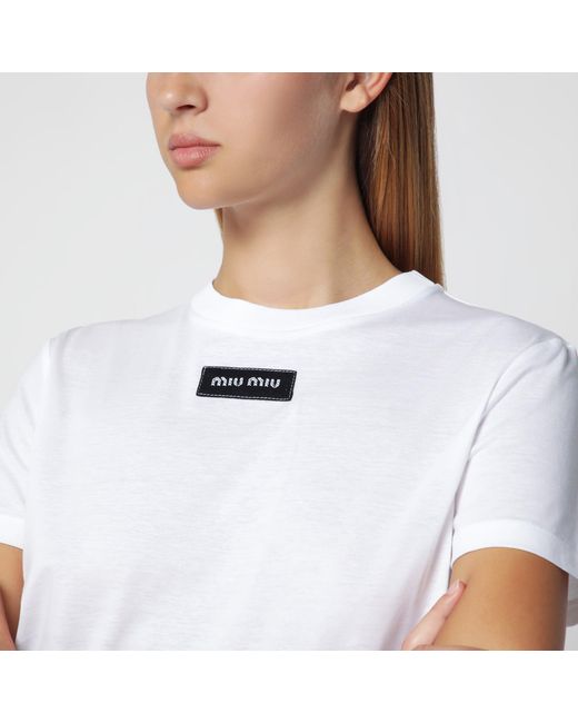 Miu Miu White Jersey T-Shirt With Logo