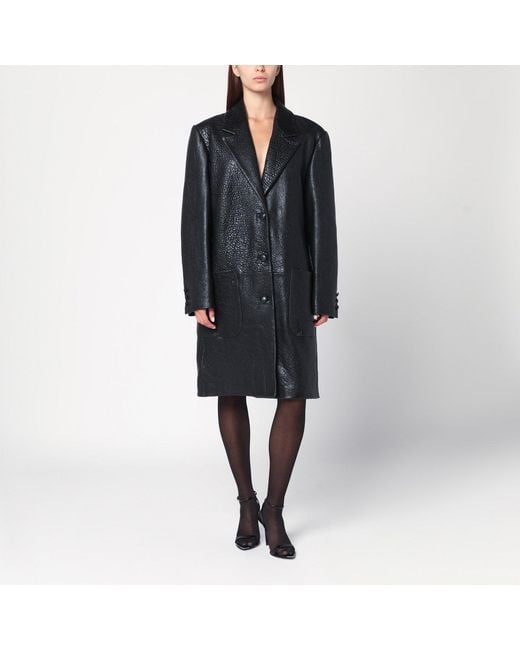 Cassell Black Single Breasted Leather Coat