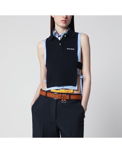 Miu Miu Brown Calfskin Belt With Contrast Stitching And Hooks, Cognac