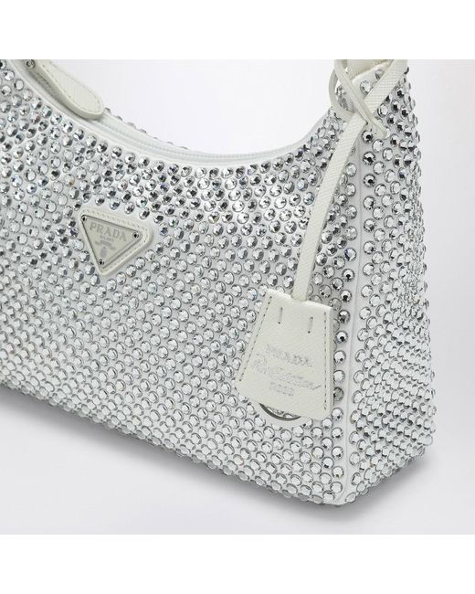 Borsa a mano re-edition bianca con cristalli di Prada in White
