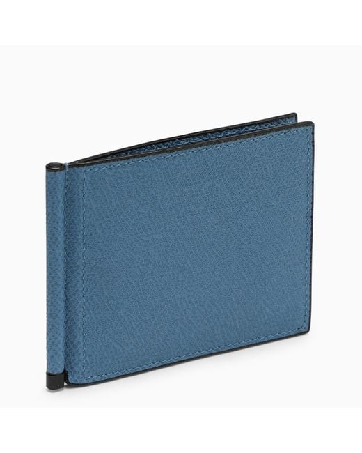 Valextra Light Blue Grey Grip Wallet In Grained Leather for men