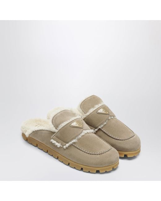 Prada Natural Suede And Shearling Mules